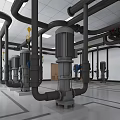 Industrial Facility With Large Black Mechanical Equipment Piping System And Ceiling Lights
