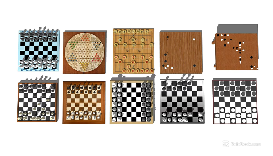 Various Classic Board Games Collection With Chess Checkers And Dice Game Boards 3d model 