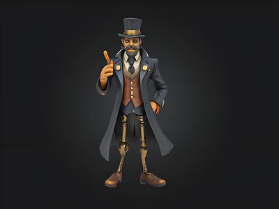 Steampunk Man With Top Hat Mustache Long Coat Vest Mechanical Legs Thumbs Up Dark Background 3d model