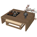 Wooden Tea Table With Matching Stool Traditional Tea Set On Tray And Vase With Branches