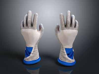 Gray And White Protective Gloves With Blue Wrist Cuffs And Mesh Design 3d model
