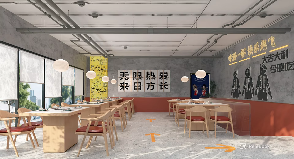 Modern Restaurant Interior With Wooden Tables Chairs Pendant Lights Yellow Gray Walls Chinese Slogan 3d model 