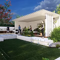 Modern Courtyard Garden Design With Lush Lawn Green Plants And Pergola Seating Area