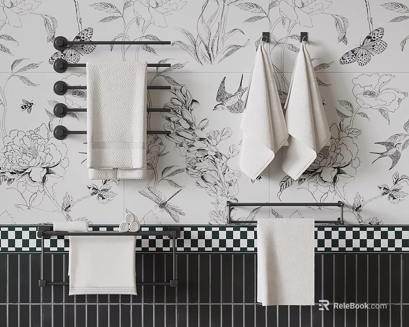 Bathroom Interior With Black And White Floral Wall Towel Racks And Checkered Border 3d model 