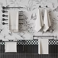 Bathroom Interior With Black And White Floral Wall Towel Racks And Checkered Border
