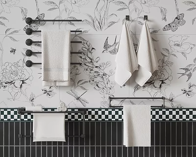 Bathroom Interior With Black And White Floral Wall Towel Racks And Checkered Border 3d model