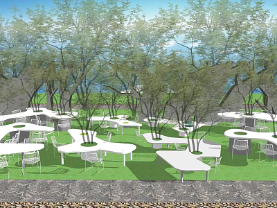 Outdoor Table And Chair Set In Green Lawn With Trees And Natural Surroundings 3d model