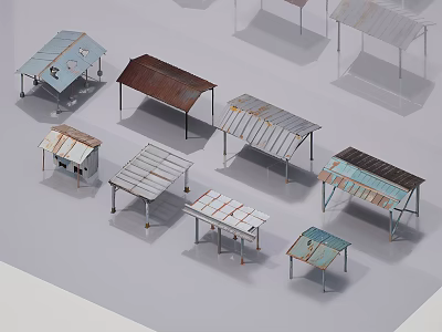 Various Styles of Outdoor Shelters with Metal and Wooden Structures in Blue Brown and White 3d model