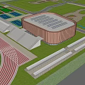 Modern Sports Stadium With Curved Roof Red Running Track Green Fields And White Stands