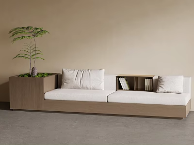 Beige Banquette Sofa with White Cushions Bookshelf and Potted Plant in Beige Wall Interior 3d model