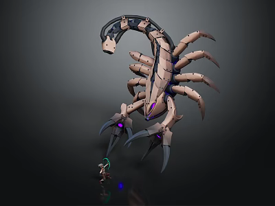 Small Character Confronting Mechanical Scorpion With Glowing Purple Eyes And Metallic Limbs 3d model