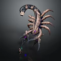 Small Character Confronting Mechanical Scorpion With Glowing Purple Eyes And Metallic Limbs