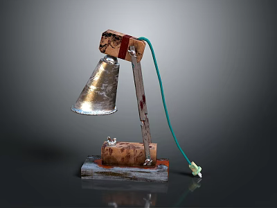 Handmade Vintage Table Lamp With Metal Shade Wooden Base And Green Wire 3d model