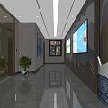 Modern Lobby Interior With Circular Reception Desk Blue Digital Screen And Chinese Characters