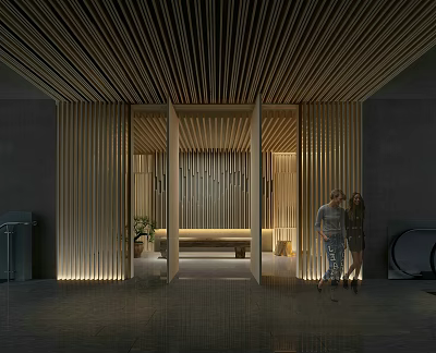 Hotel Lobby Featuring Wooden Slat Ceiling Entrance Lighting Two People Sofa Plants And Smooth Floor 3d model
