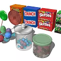 Colorful Assorted Candy Collection With Lollipops Brand Boxes And Jars