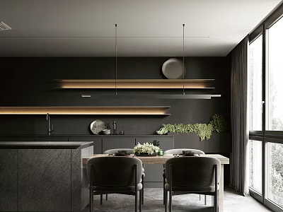 Modern Dining Table Set With Black Chairs Pendant Lights And Green Plants 3d model