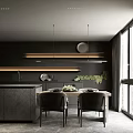 Modern Dining Table Set With Black Chairs Pendant Lights And Green Plants
