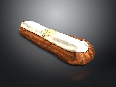 Fresh Cream Filled Eclair Pastry With White Icing And Golden Label 3d model