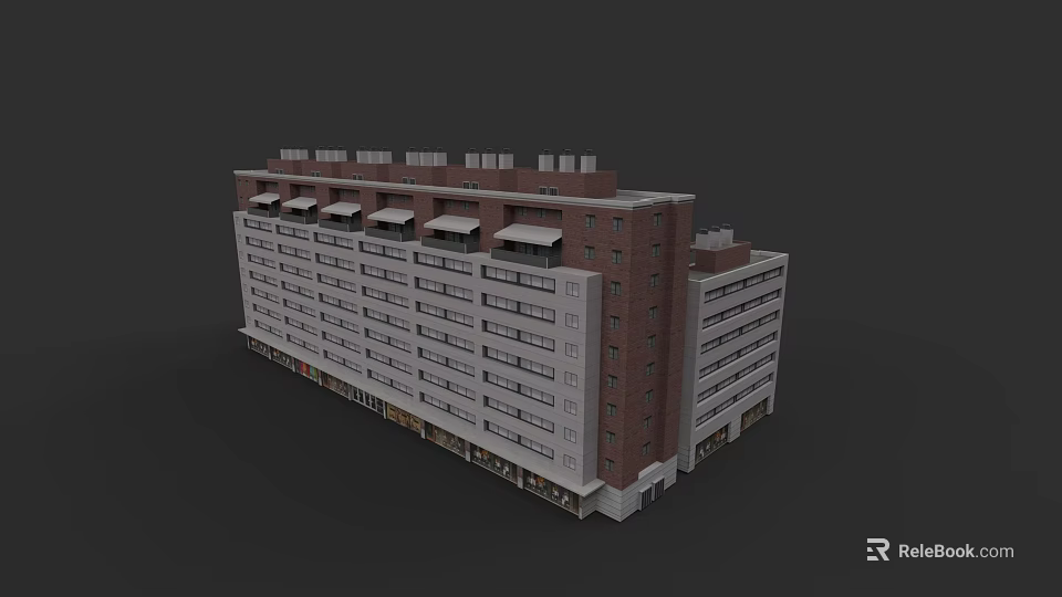 Urban Building Complex With Red Brick Facade Multi Story Windows And Roof Structures 3d model