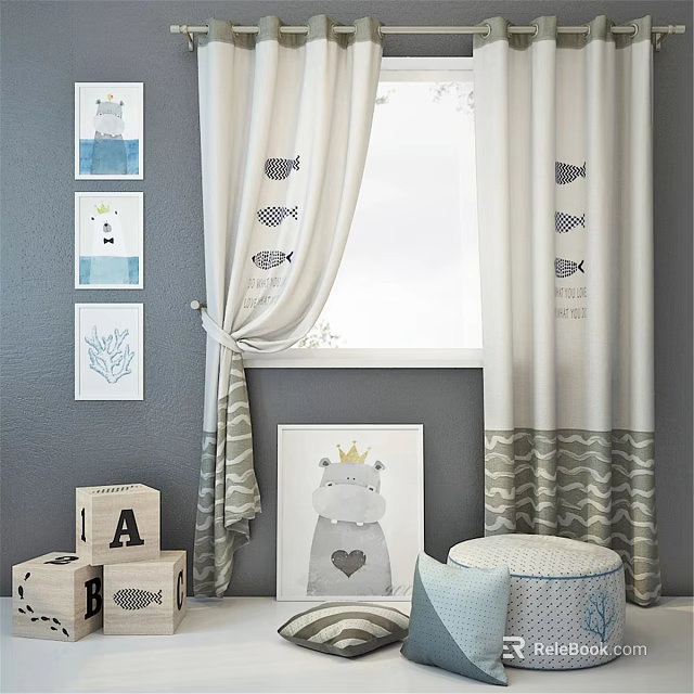 Adorable Kids Bed In Gray And White Room With Fish Curtains Paintings And Blocks 3d model 