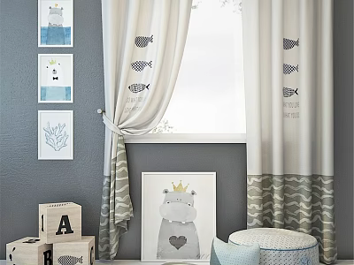 Adorable Kids Bed In Gray And White Room With Fish Curtains Paintings And Blocks 3d model