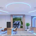 Modern Lobby Interior With Wooden Reception Desks Seating Large Screen Blue Lighting And Plants
