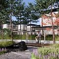 Residential Landscape Featuring Modern Building Lush Trees Vibrant Flowers Garden Pathway and Seating Area
