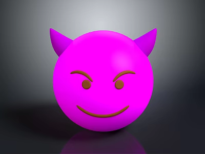Pink Sphere Cartoon Creature With Purple Horns Brown Eyebrows And Smiling Mouth On Gray Background 3d model