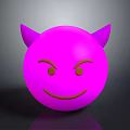 Pink Sphere Cartoon Creature With Purple Horns Brown Eyebrows And Smiling Mouth On Gray Background