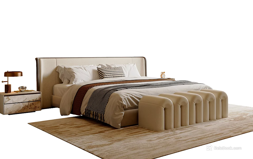 Modern Luxury Beige Upholstered Double Bed With Stylish Footstool And Nightstand For Cozy Master Bedroom 3d model 