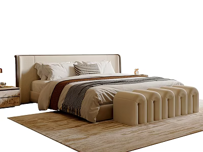 Modern Luxury Beige Upholstered Double Bed With Stylish Footstool And Nightstand For Cozy Master Bedroom 3d model