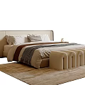 Modern Luxury Beige Upholstered Double Bed With Stylish Footstool And Nightstand For Cozy Master Bedroom