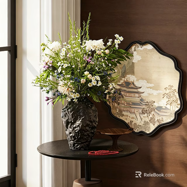 Black Textured Vase With White Purple Flowers On Dark Table Near Round Decorative Mirror 3d model 