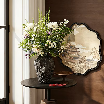 Black Textured Vase With White Purple Flowers On Dark Table Near Round Decorative Mirror 3d model