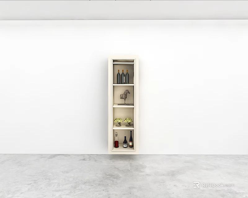 Sleek Wall Cabinet with Wine Bottles Decorative Items and Green Plants in Minimalist Room 3d model 