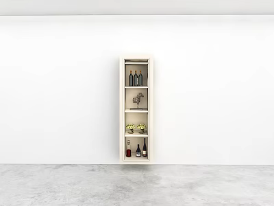 Sleek Wall Cabinet with Wine Bottles Decorative Items and Green Plants in Minimalist Room 3d model