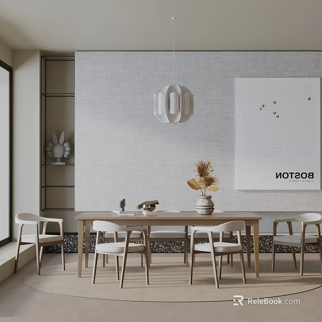 Modern Wooden Dining Table Set with Light Chairs Gray Wall and Pendant Light 3d model 