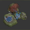 Whimsical Garden Ornament Design With Red Maple Tree Stone Fountain Blue Stream And Arched Bridge