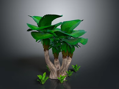 Vibrant Tree with Large Green Leaves Multiple Trunks and Small Base Plants 3d model