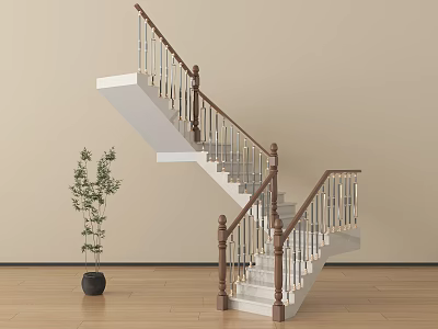Elegant Indoor Staircase With Wooden Handrail White Steps And Potted Plant 3d model