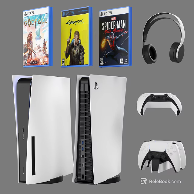 Modern Entertainment Electronics Setup With Game Console Headphones Controller And Game Discs 3d model 