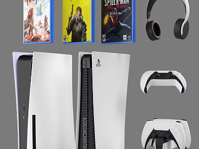 Modern Entertainment Electronics Setup With Game Console Headphones Controller And Game Discs 3d model