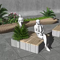 Outdoor Landscape Seating With Wooden Stone Benches Palm Trees And Pink Flowers