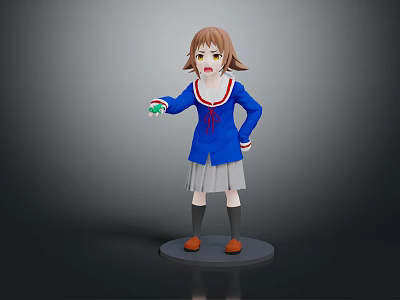 Anime Style Game Character With Brown Hair Yellow Eyes Blue Jacket And Gray Skirt 3d model