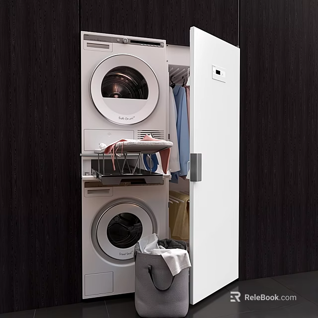 Daily Laundry Space With Stackable Washer Dryer Hanging Clothes And Supplies 3d model
