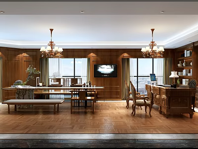 Classic Wooden Office Interior With Chandeliers Large Windows Desk And Chairs 3d model