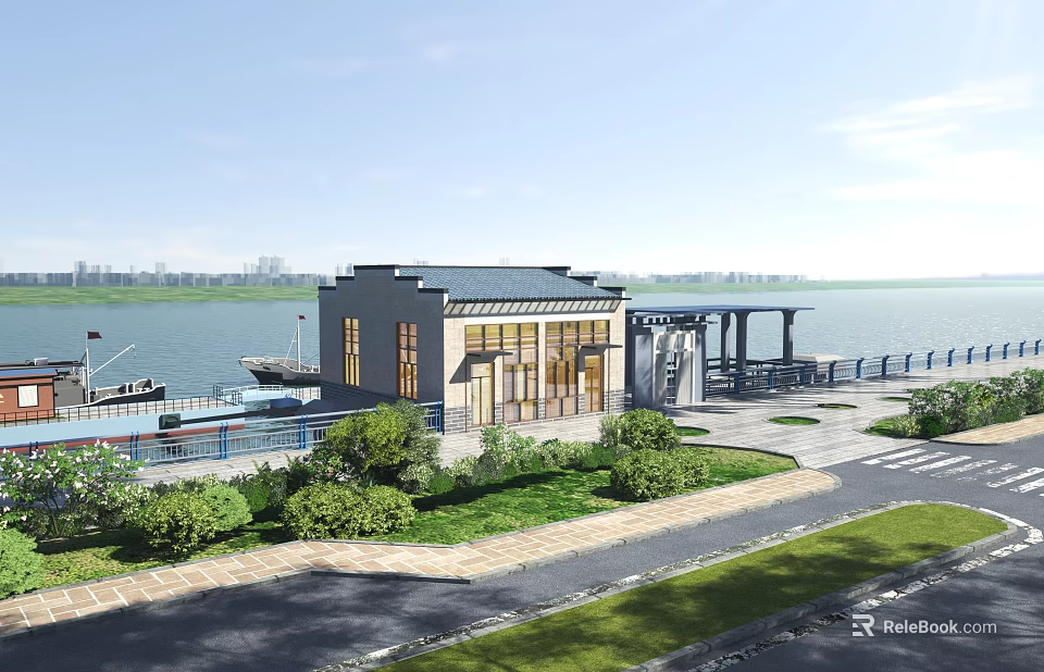 Scenic Park Landscape With Riverside Building Green Plants And Walking Pathway 3d model 