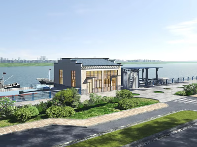 Scenic Park Landscape With Riverside Building Green Plants And Walking Pathway 3d model