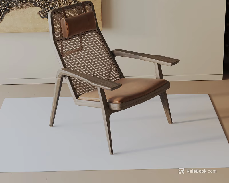Modern Lounge Chair With Mesh Back Wooden Armrests And Brown Padded Seat 3d model 